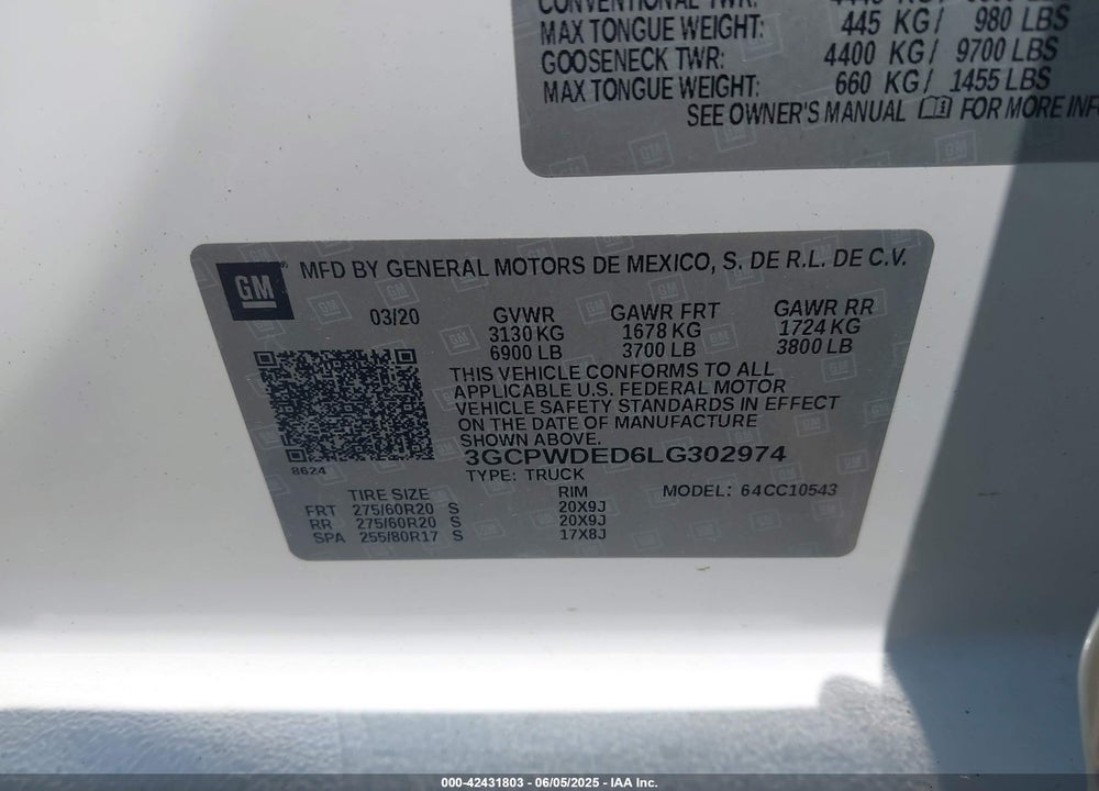 2020 CHEVROLET SILVERADO 1500 VIN: 3GCPWDED6LG302974