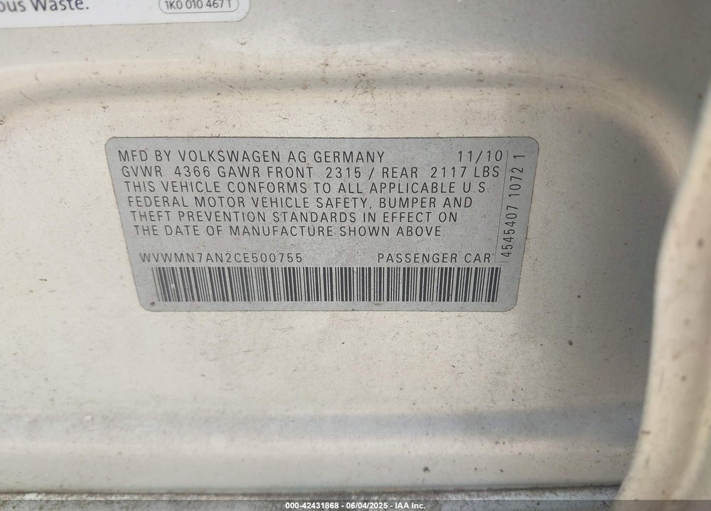 2012 VOLKSWAGEN CC SPORT VIN: WVWMN7AN2CE500755