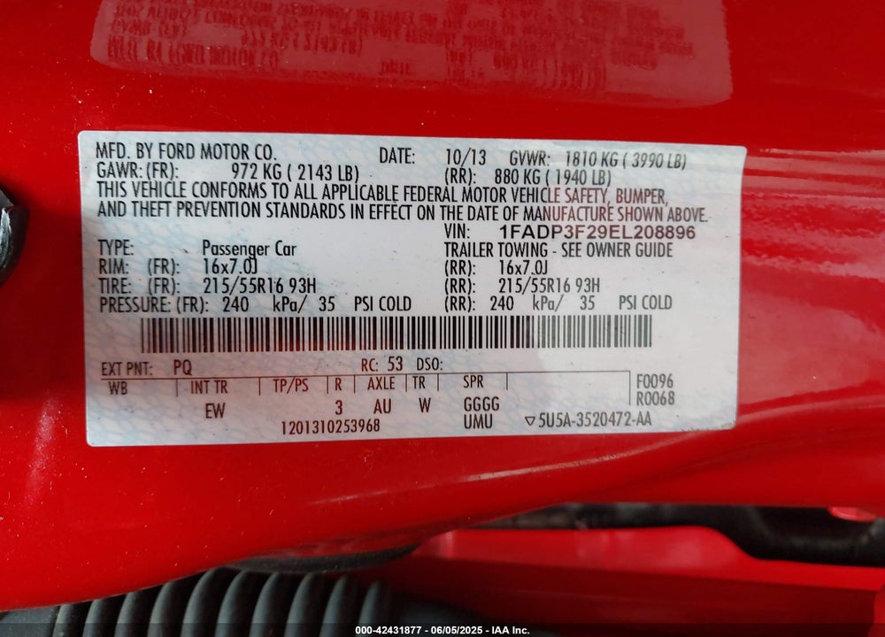 2014 FORD FOCUS VIN: 1FADP3F29EL208896