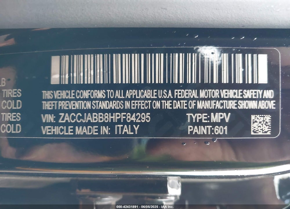 2017 JEEP RENEGADE LATITUDE FWD VIN: ZACCJABB8HPF84295