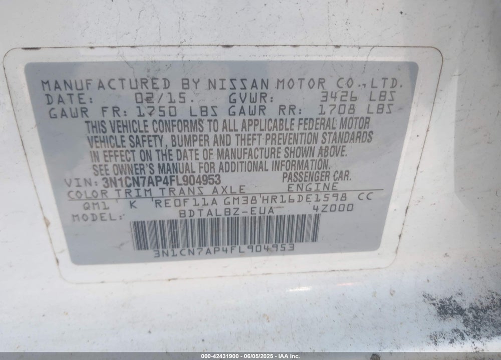 2015 NISSAN VERSA VIN: 3N1CN7AP4FL904953