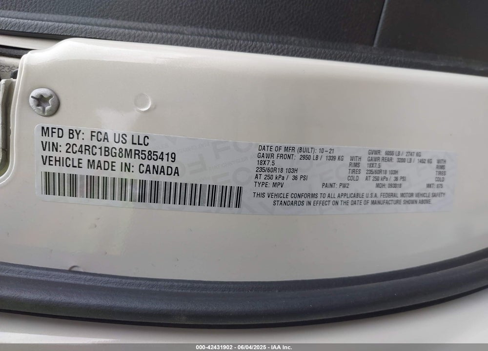 2021 CHRYSLER PACIFICA TOURING L VIN: 2C4RC1BG8MR585419
