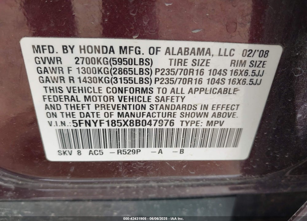 2008 HONDA PILOT EX-L VIN: 5FNYF185X8B047976