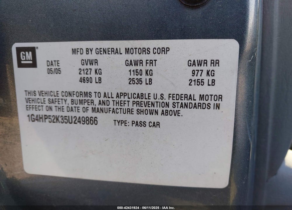 2005 BUICK LESABRE CUSTOM VIN: 1G4HP52K35U249866