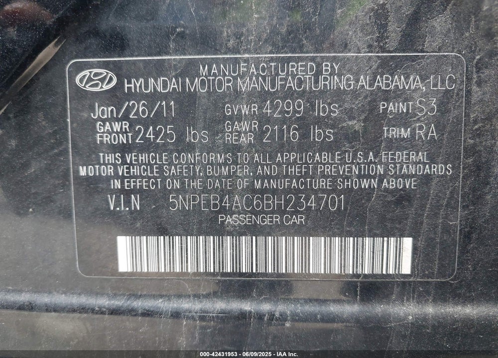 2011 HYUNDAI SONATA VIN: 5NPEB4AC6BH234701