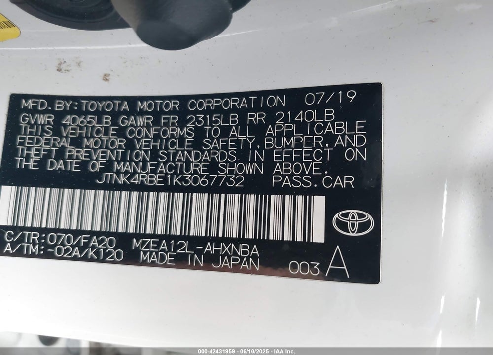 2019 TOYOTA COROLLA VIN: JTNK4RBE1K3067732