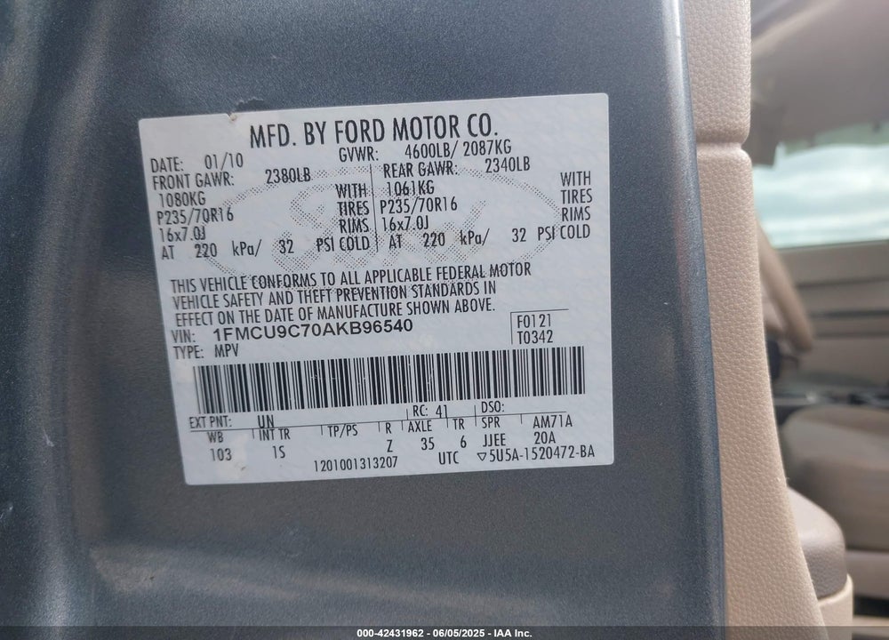 2010 FORD ESCAPE VIN: 1FMCU9C70AKB96540