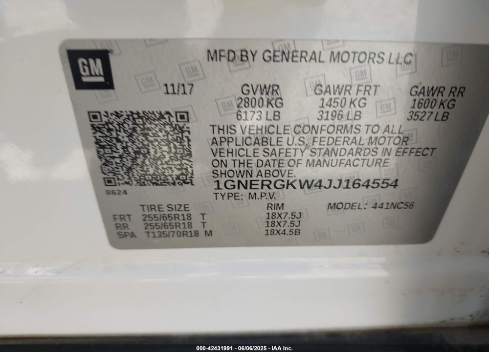 2018 CHEVROLET TRAVERSE VIN: 1GNERGKW4JJ164554