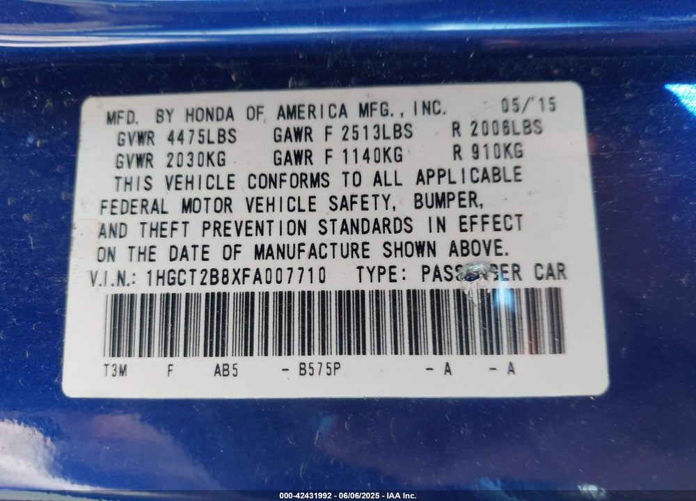 2015 HONDA ACCORD VIN: 1HGCT2B8XFA007710