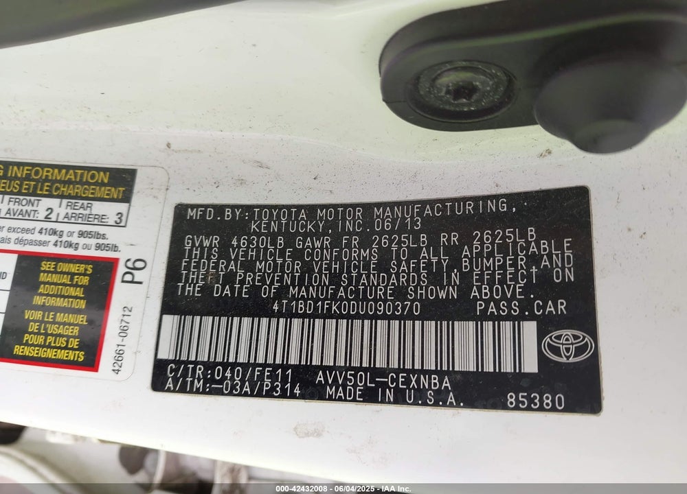 2013 TOYOTA CAMRY HYBRID LE VIN: 4T1BD1FK0DU090370