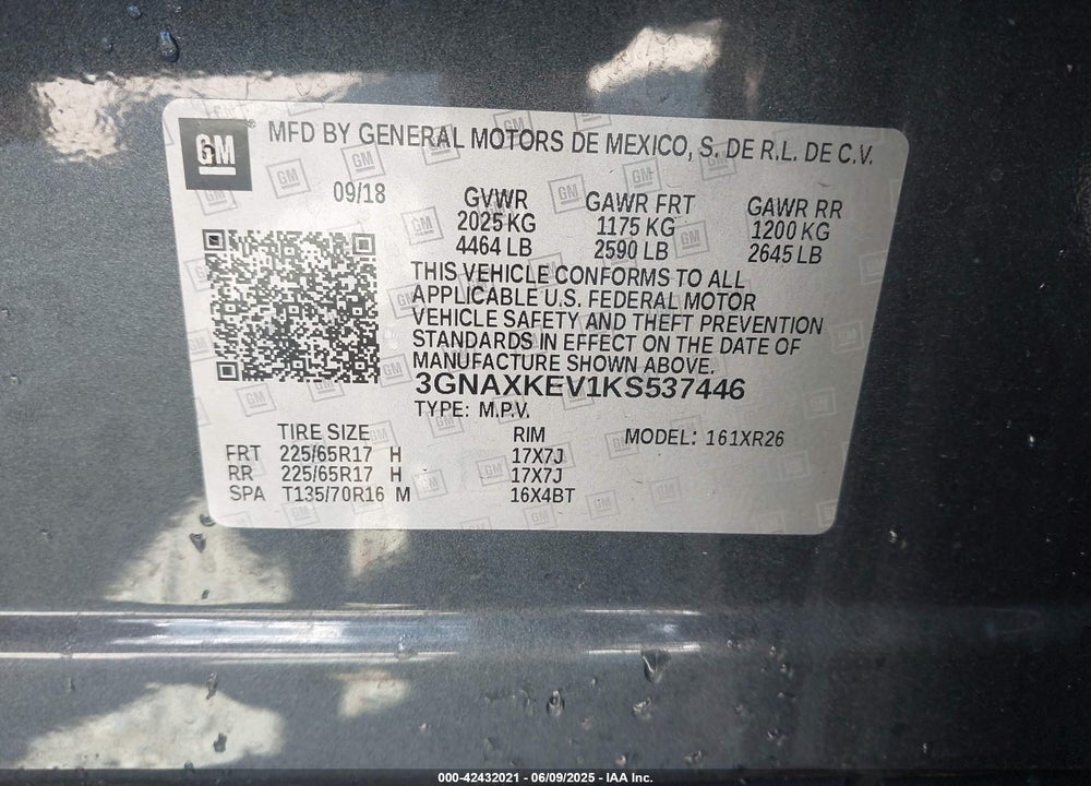 2019 CHEVROLET EQUINOX VIN: 3GNAXKEV1KS537446