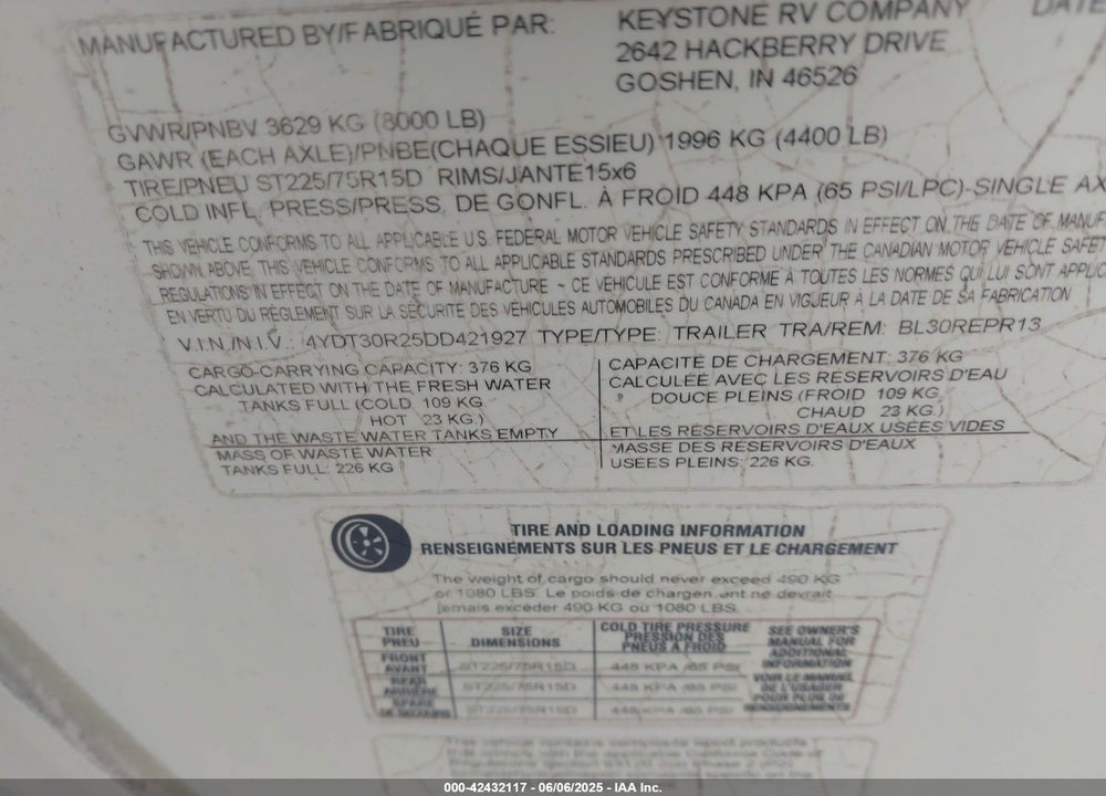 2013 KEYSTONE RV PREMIER VIN: 4YDT30R25DD421927