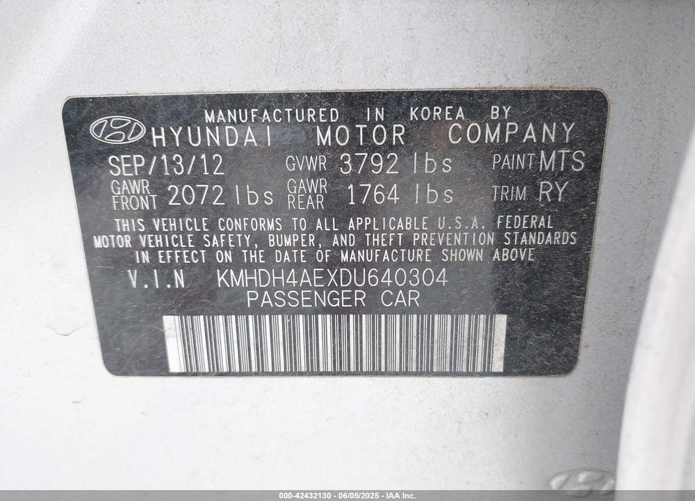 2013 HYUNDAI ELANTRA LIMITED VIN: KMHDH4AEXDU640304