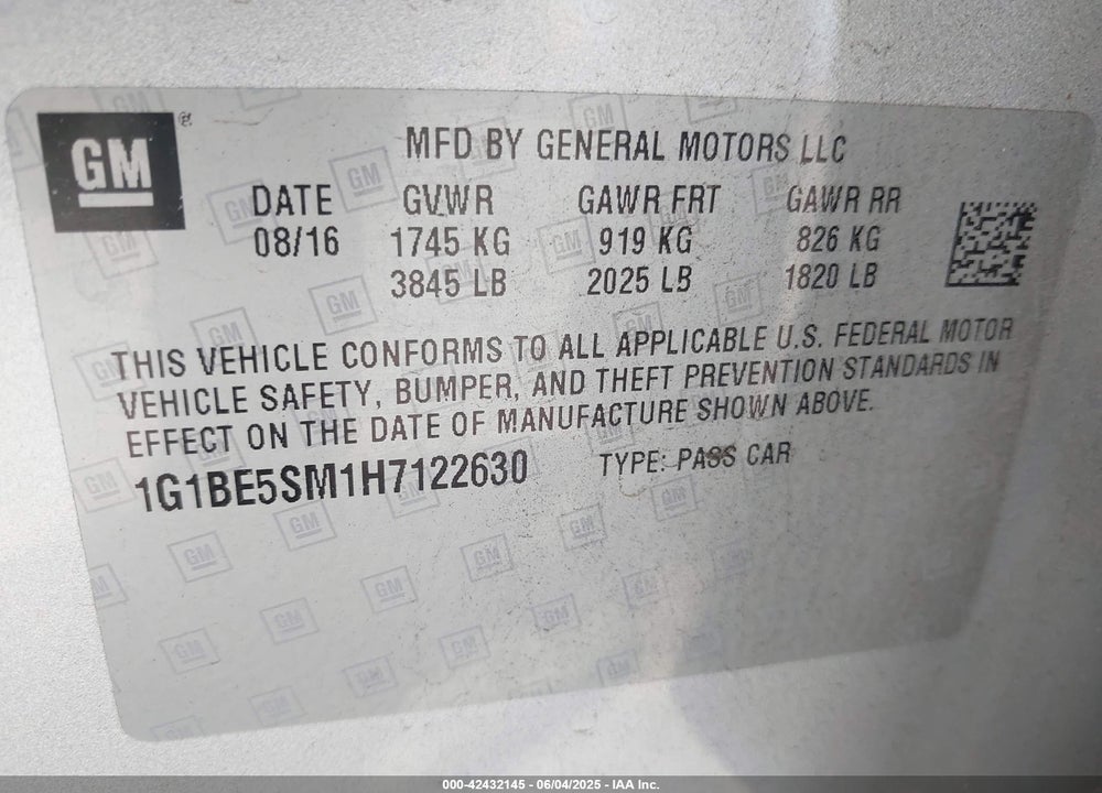 2017 CHEVROLET CRUZE LT AUTO VIN: 1G1BE5SM1H7122630