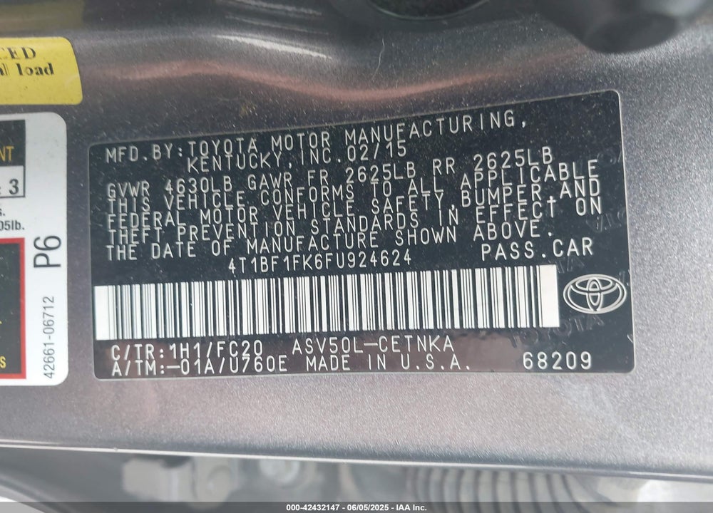 2015 TOYOTA CAMRY LE VIN: 4T1BF1FK6FU924624