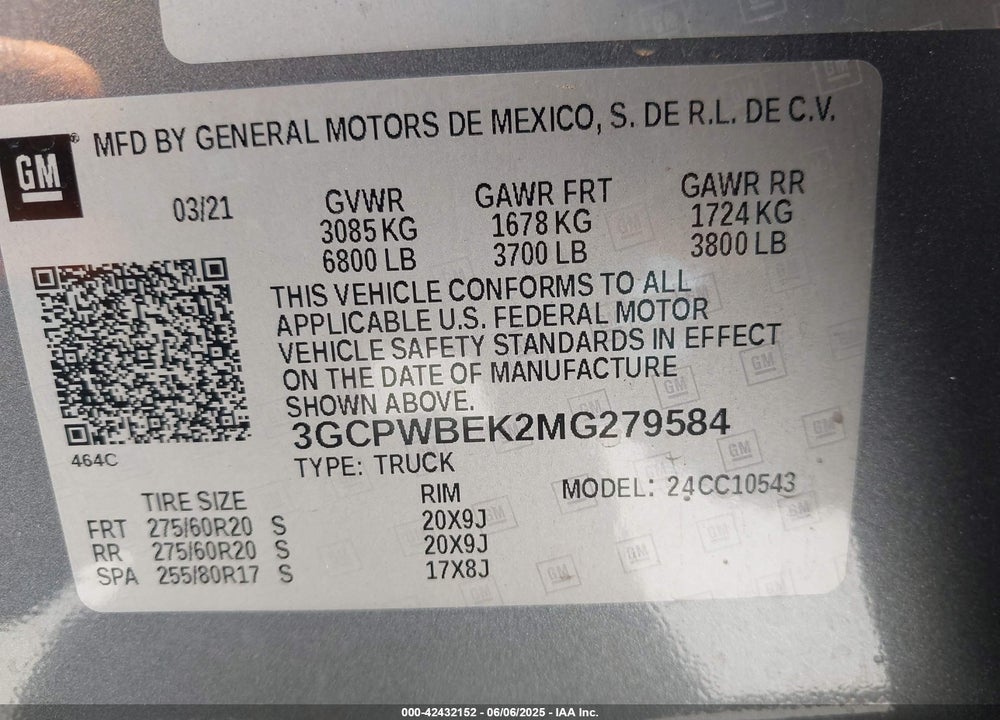 2021 CHEVROLET SILVERADO 1500 VIN: 3GCPWBEK2MG279584