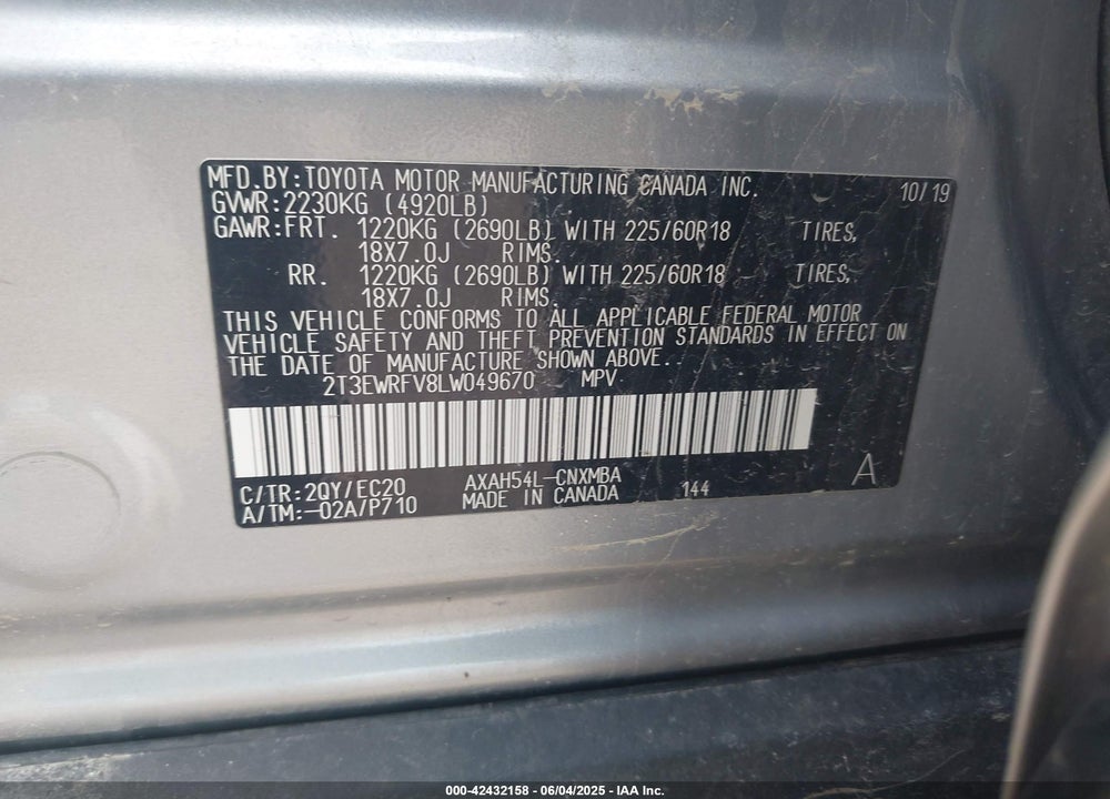 2020 TOYOTA RAV4 HYBRID VIN: 2T3EWRFV8LW049670