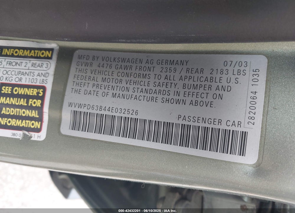 2004 VOLKSWAGEN PASSAT GLS VIN: WVWPD63B44E032526