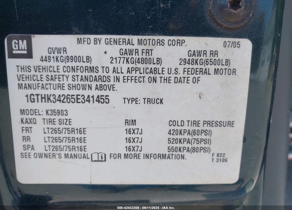 2005 GMC SIERRA 3500 WORK TRUCK VIN: 1GTHK34265E341455
