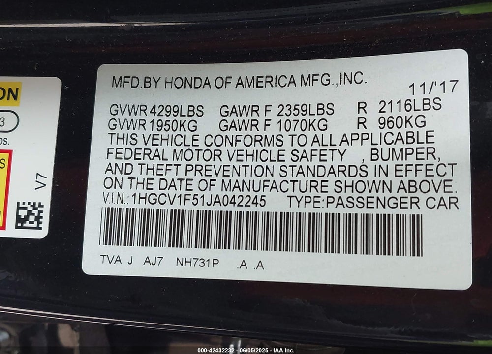 2018 HONDA ACCORD EX-L VIN: 1HGCV1F51JA042245