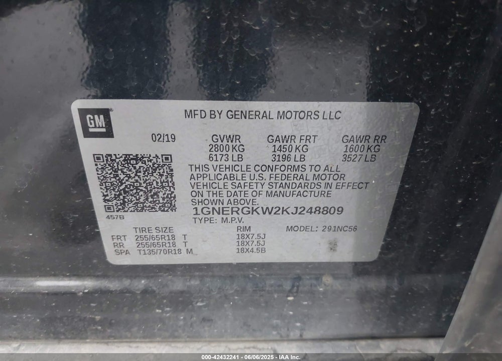 2019 CHEVROLET TRAVERSE 1LT VIN: 1GNERGKW2KJ248809
