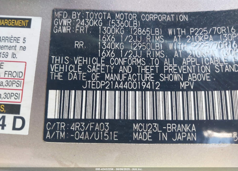 2004 TOYOTA HIGHLANDER V6 VIN: JTEDP21A440019412