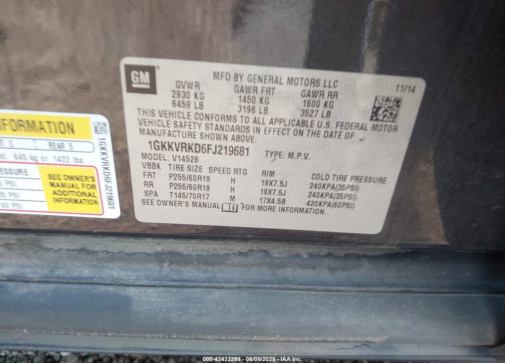 2015 GMC ACADIA VIN: 1GKKVRKD6FJ219681