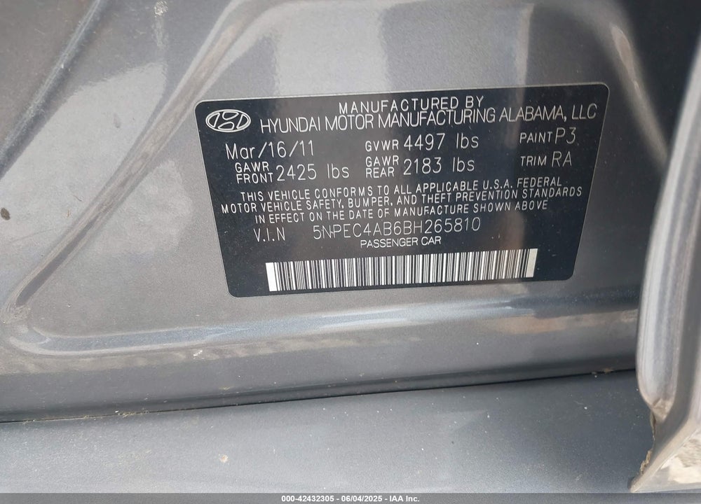 2011 HYUNDAI SONATA VIN: 5NPEC4AB6BH265810