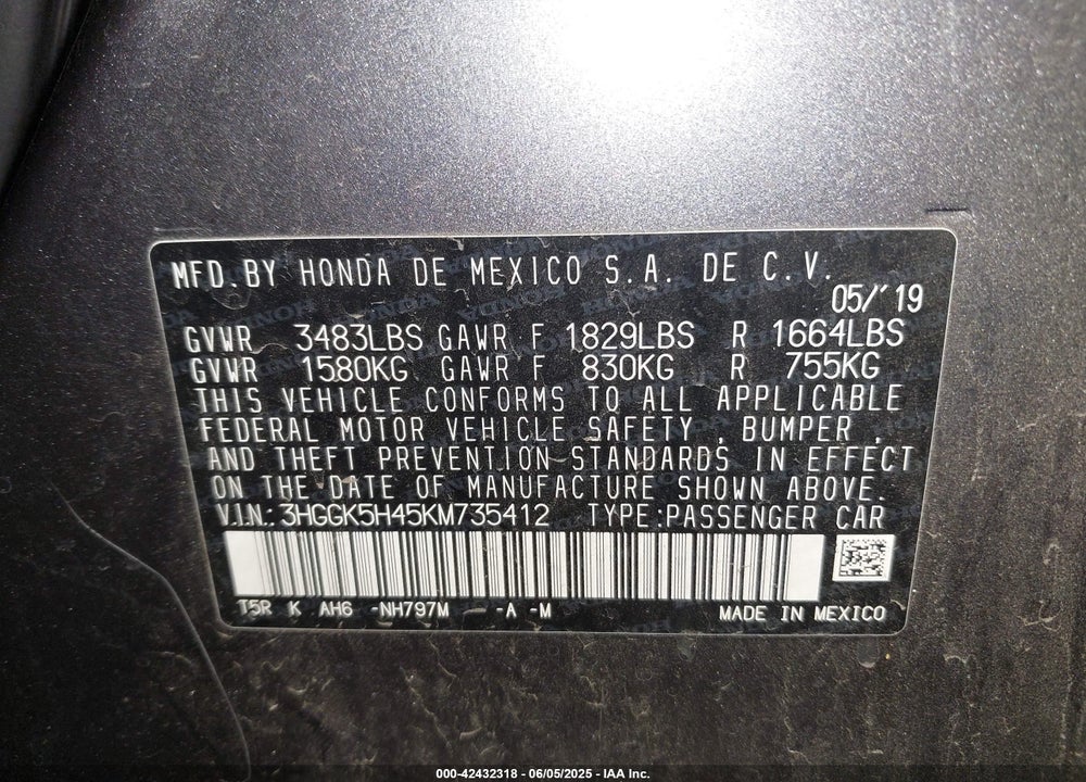 2019 HONDA FIT VIN: 3HGGK5H45KM735412