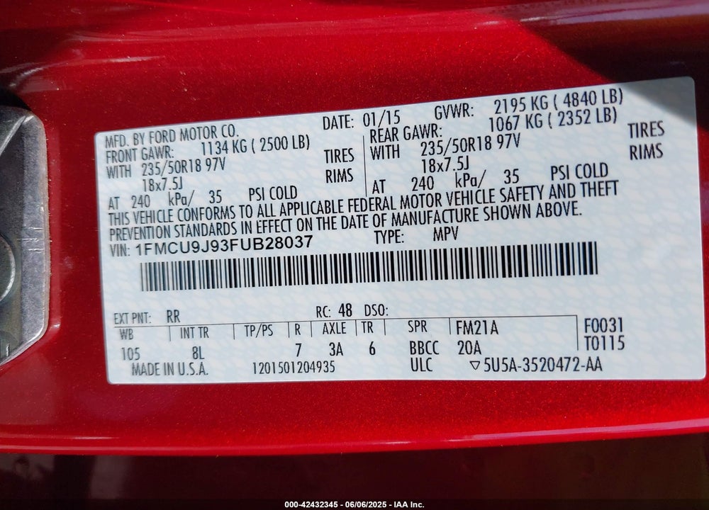 2015 FORD ESCAPE TITANIUM VIN: 1FMCU9J93FUB28037
