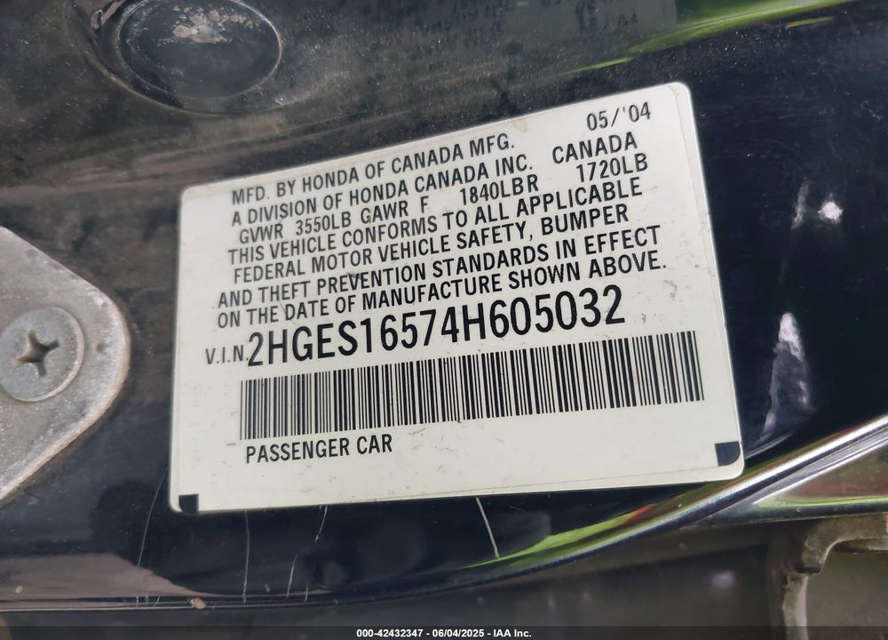 2004 HONDA CIVIC LX VIN: 2HGES16574H605032