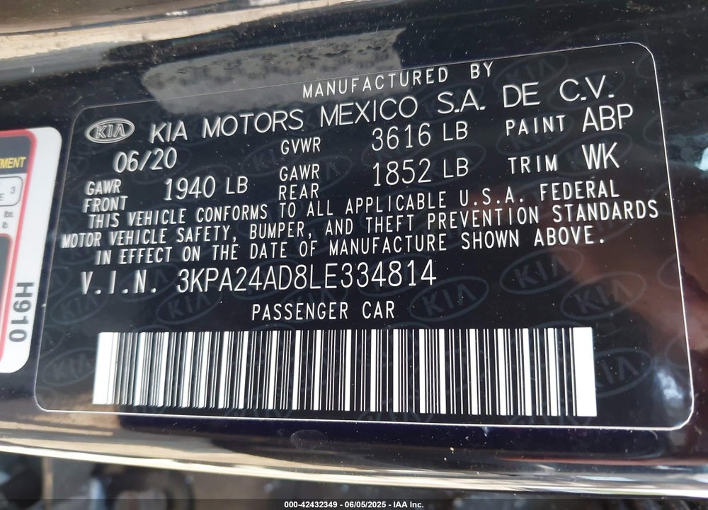 2020 KIA RIO VIN: 3KPA24AD8LE334814
