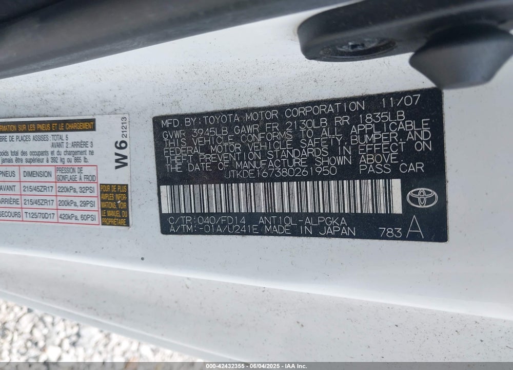 2008 TOYOTA SCION VIN: JTKDE167380261950