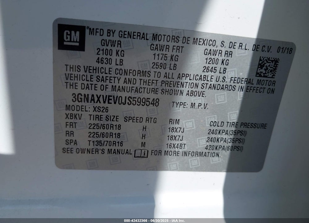 2018 CHEVROLET EQUINOX VIN: 3GNAXVEV0JS599548