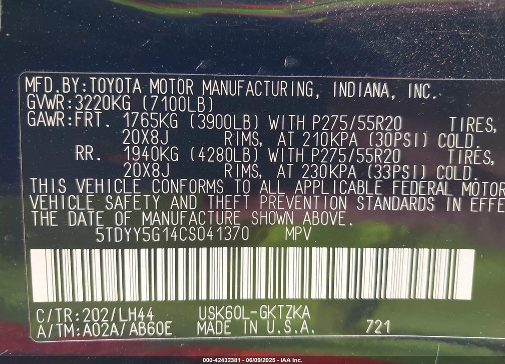 2012 TOYOTA SEQUOIA VIN: 5TDYY5G14CS041370