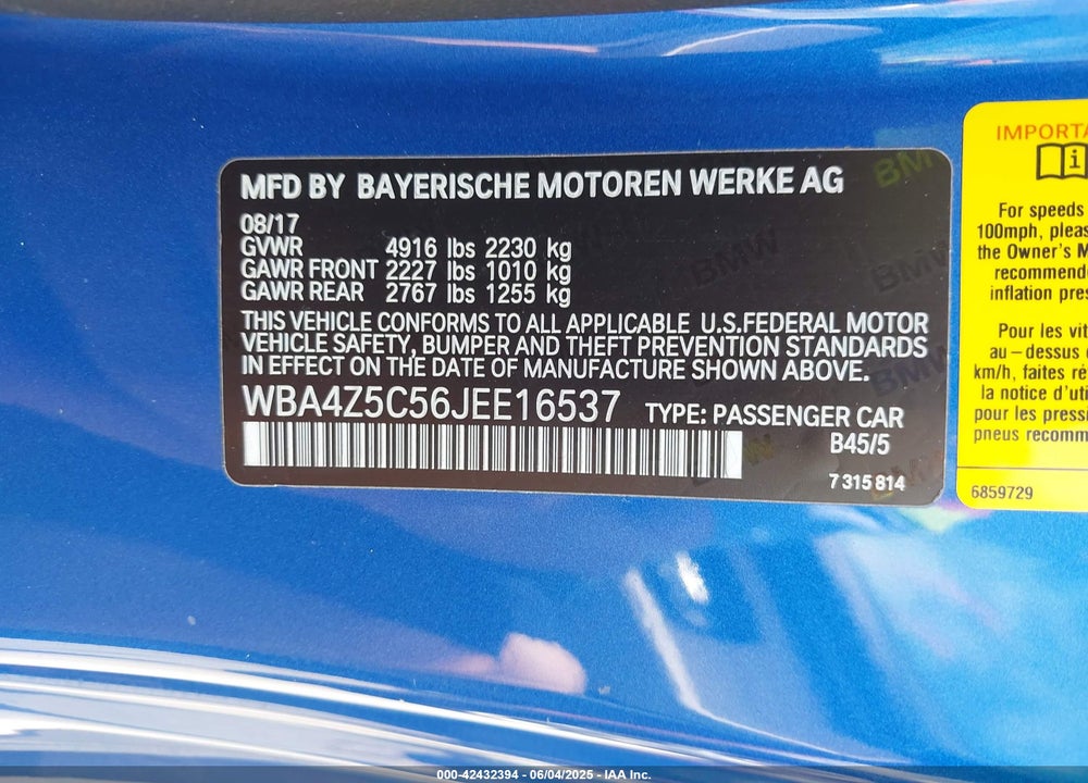 2018 BMW 440I VIN: WBA4Z5C56JEE16537