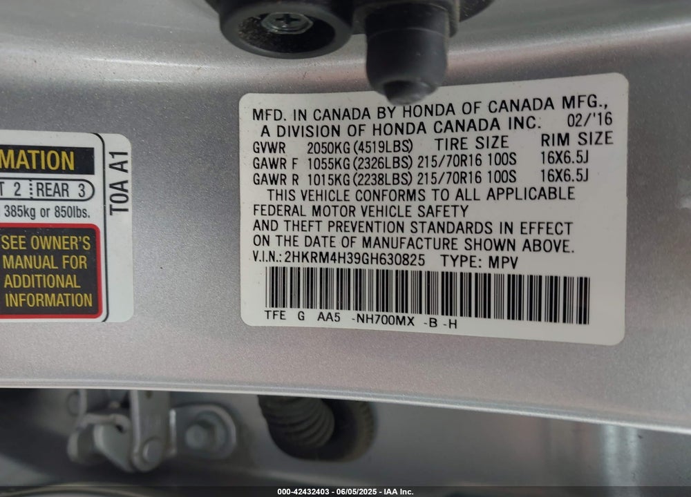2016 HONDA CR-V VIN: 2HKRM4H39GH630825