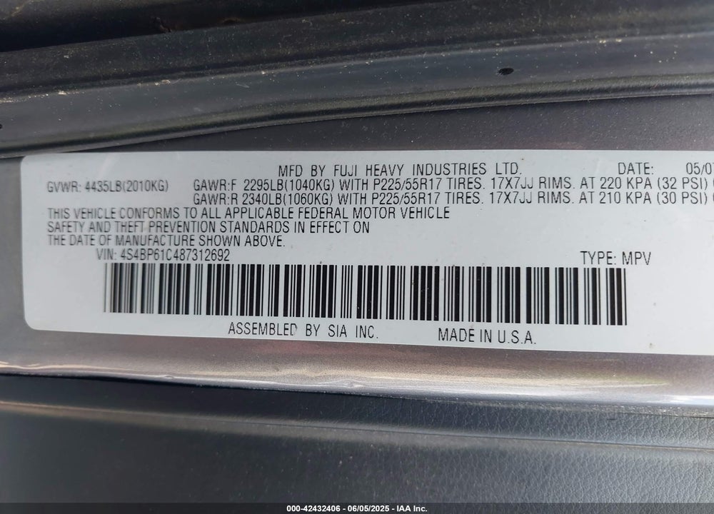 2008 SUBARU OUTBACK 2.5I/2.5I L.L. BEAN EDITION VIN: 4S4BP61C487312692