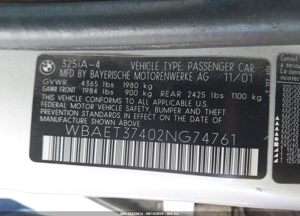 2002 BMW 325I VIN: WBAET37402NG74761