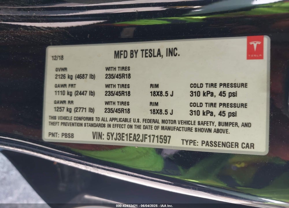 2018 TESLA MODEL 3 VIN: 5YJ3E1EA2JF171597