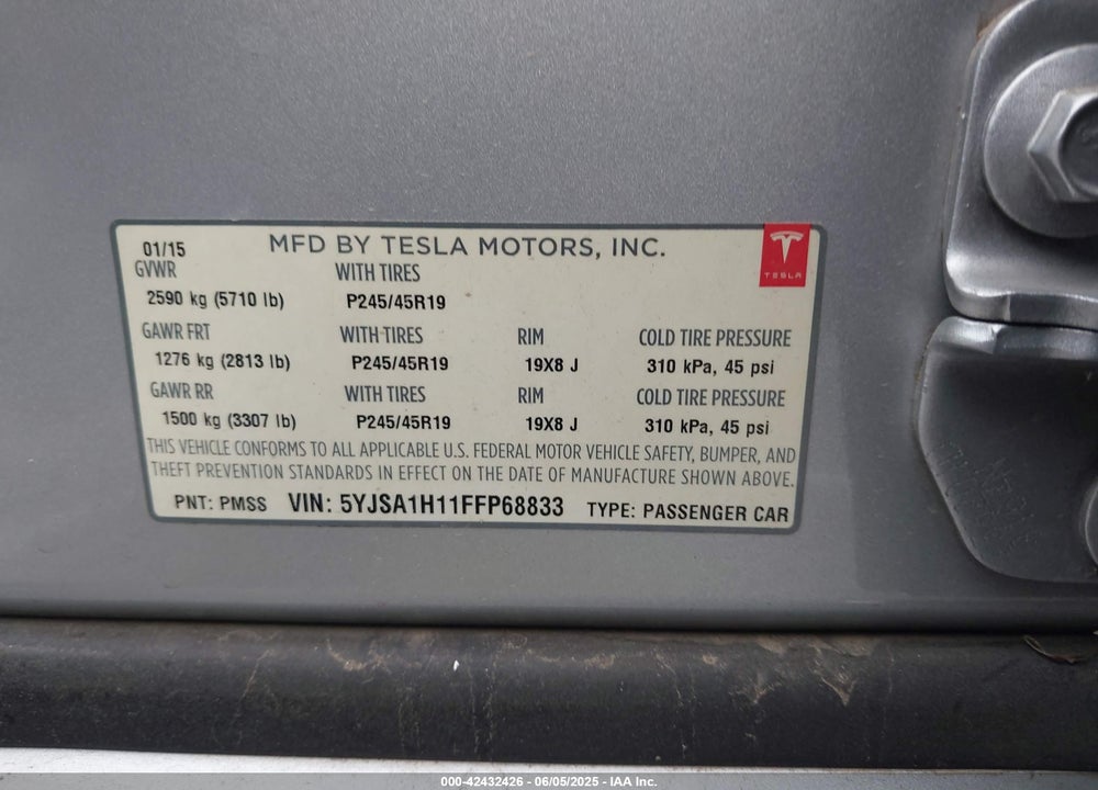 2015 TESLA MODEL S VIN: 5YJSA1H11FFP68833