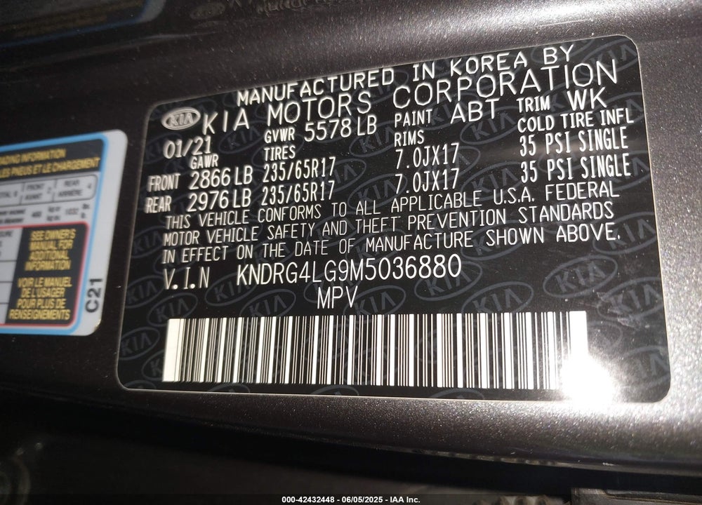 2021 KIA SORENTO HYBRID VIN: KNDRG4LG9M5036880