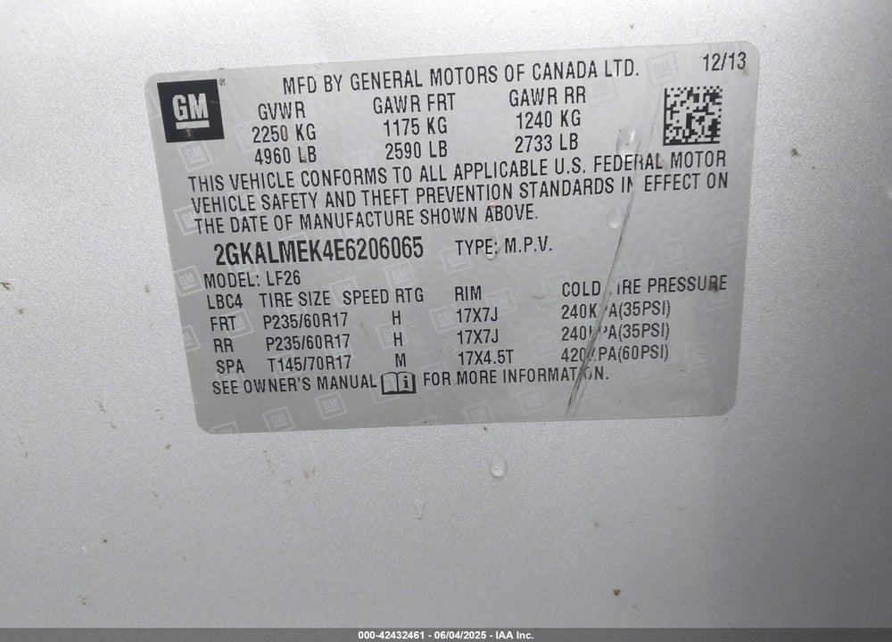 2014 GMC TERRAIN SLE-1 VIN: 2GKALMEK4E6206065