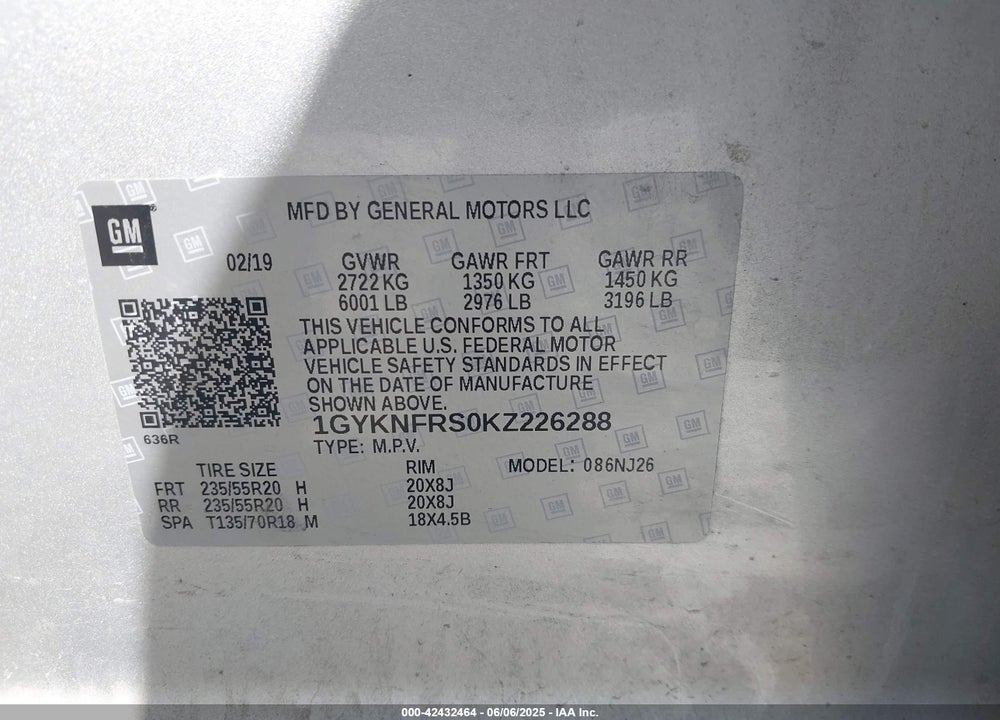 2019 CADILLAC XT5 VIN: 1GYKNFRS0KZ226288
