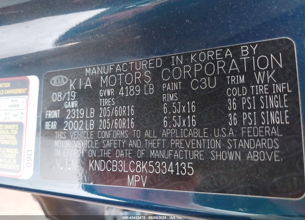 2019 KIA NIRO LX VIN: KNDCB3LC8K5334135