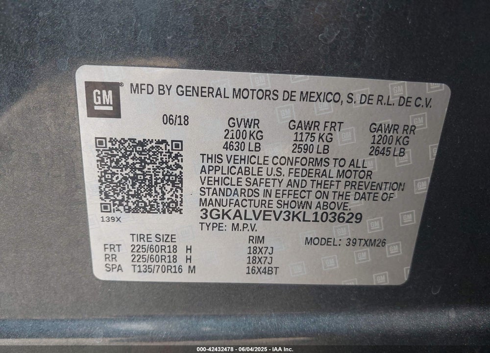 2019 GMC TERRAIN SLT VIN: 3GKALVEV3KL103629