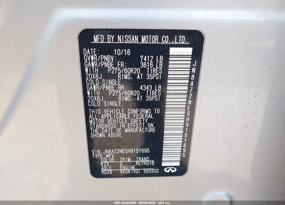 2017 INFINITI QX80 VIN: JN8AZ2NE5H9151695