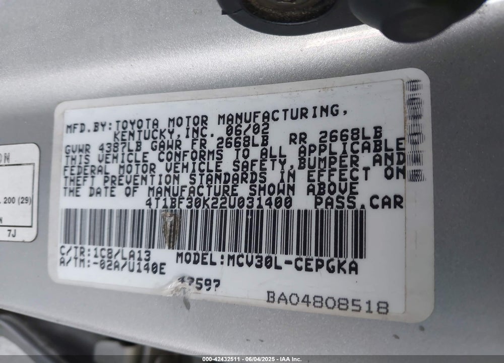 2002 TOYOTA CAMRY VIN: 4T1BF30K22U031400