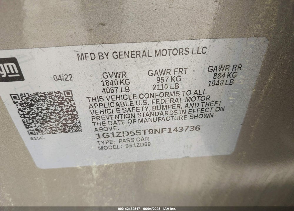 2022 CHEVROLET MALIBU FWD LT VIN: 1G1ZD5ST9NF143736