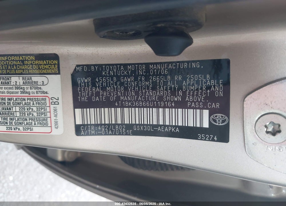 2006 TOYOTA AVALON LIMITED VIN: 4T1BK36B66U119164